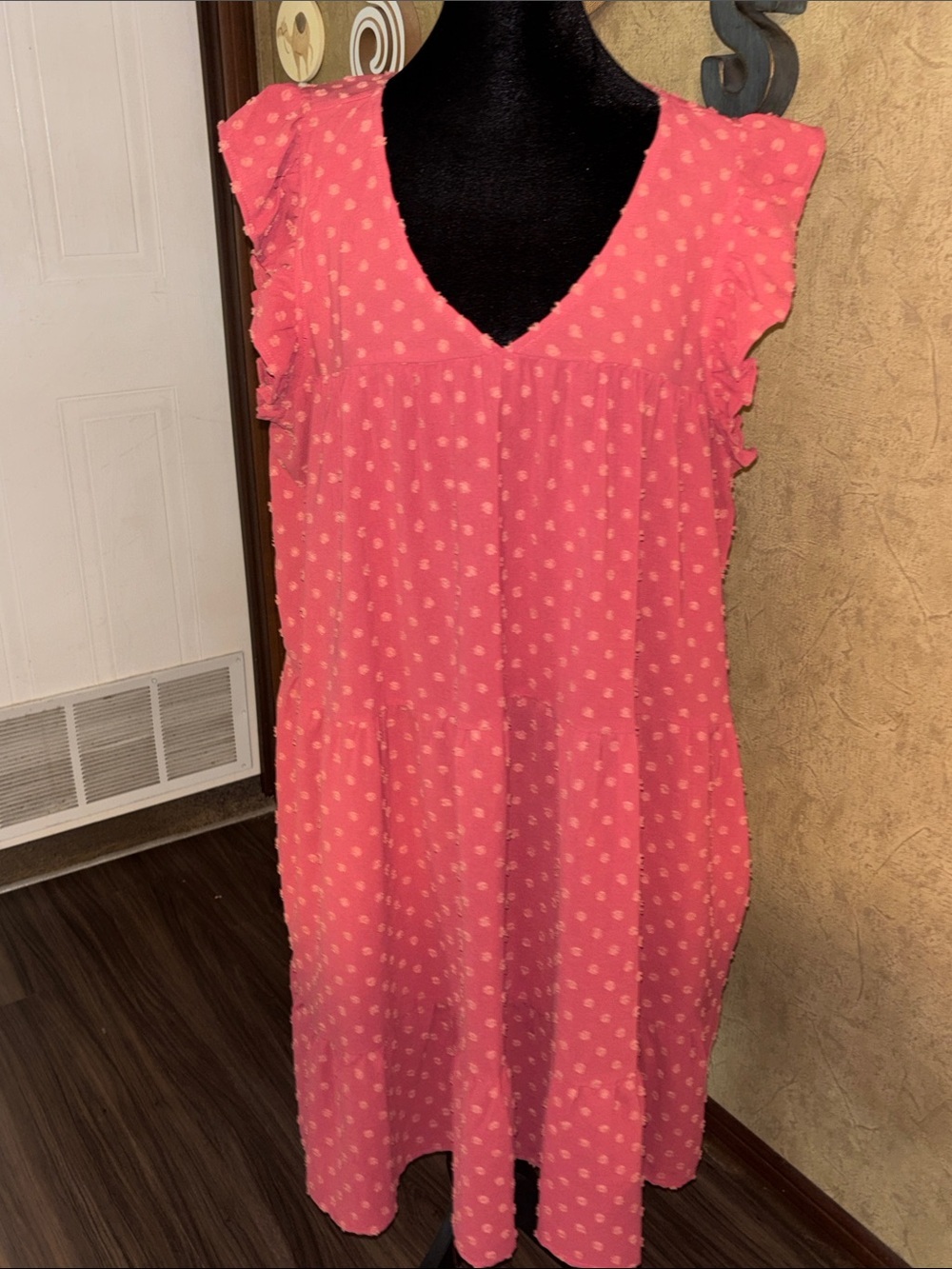 Oddi Coral Pink Swiss Dot Tiered Dress - Size 1X - Ruffle Sleeves & Pockets